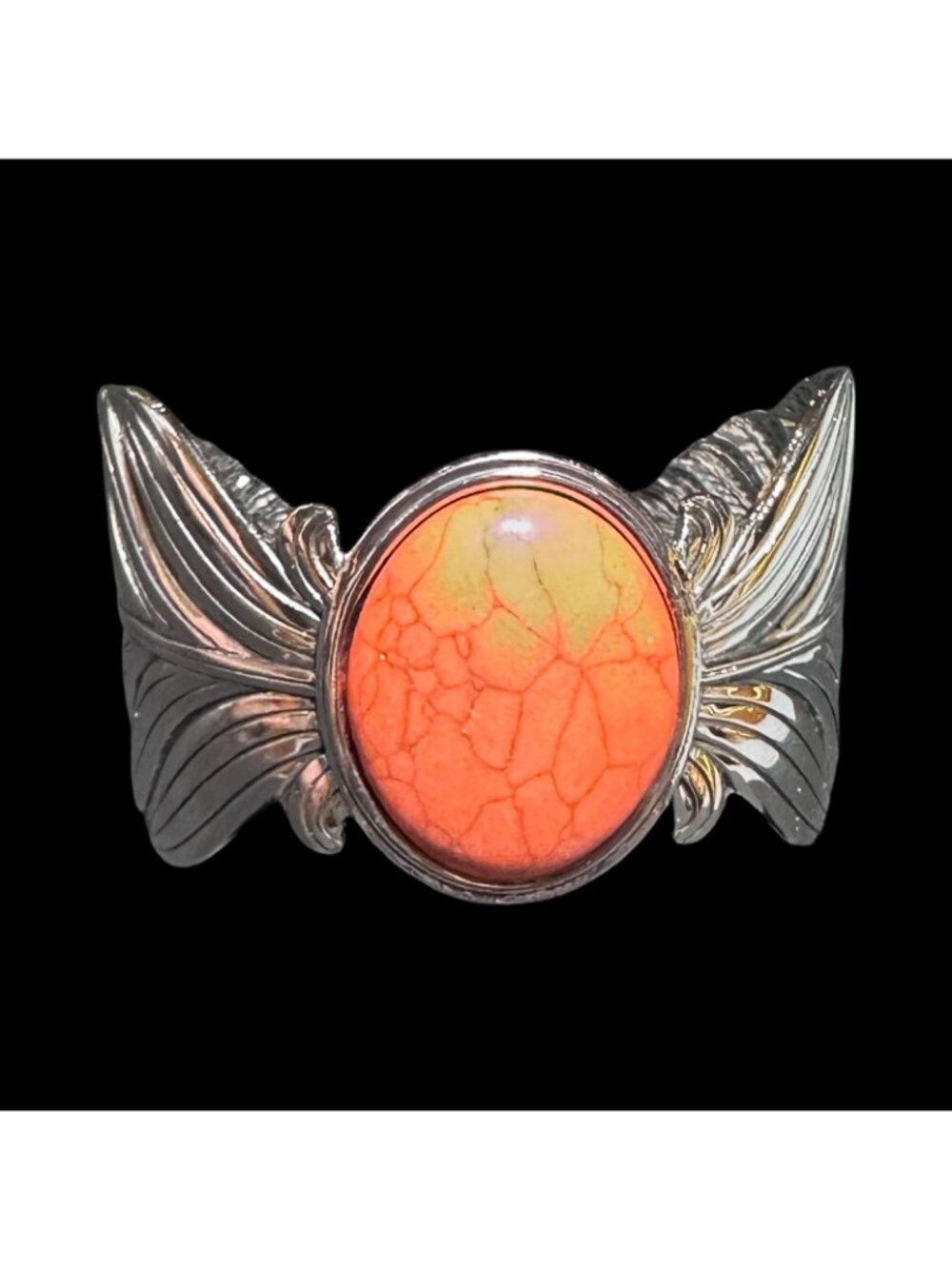 Boho Style Cuff Bracelet Silver Tone Orange Center Leaf Like Wrap Womens Jewelry - Picture 6 of 6